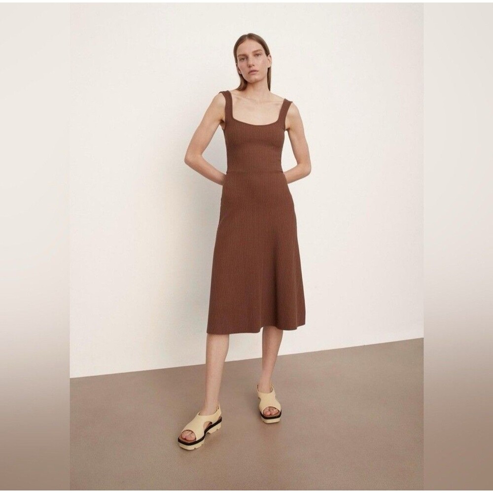 Vince Cotton Brown Sweetheart Neck Midi Ribbed Tank Dress Size Large NWT $245